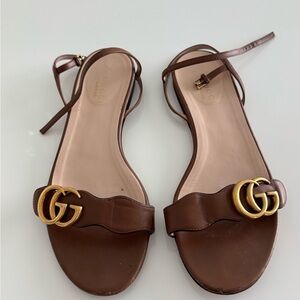Gucci Tan Sandals with Gold Logo
